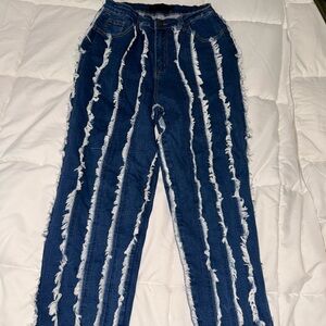 Blue Distressed Striped Jeans